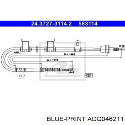 ADG046211 Blue Print Трос ручного гальма задній, правий