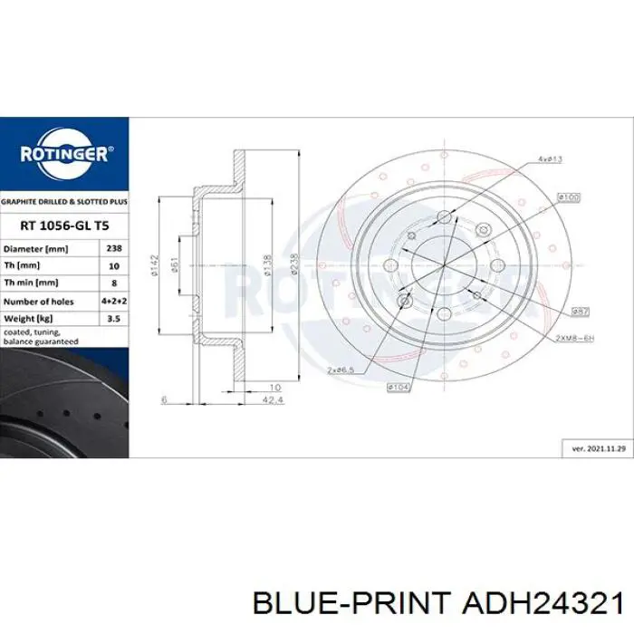 Диск гальмівний задній Blue Print ADH24321