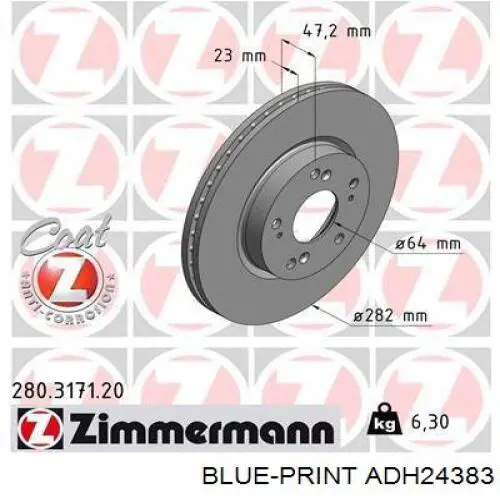 Диск переднього гальма Blue Print ADH24383 ціна, від 38.82 USD