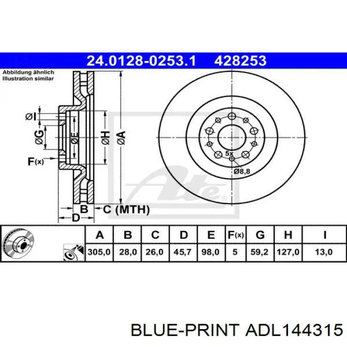 Диск гальмівний передній Blue Print ADL144315