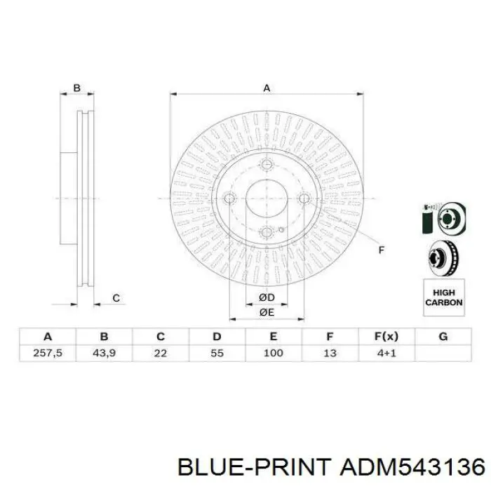 Диск гальмівний передній Blue Print ADM543136