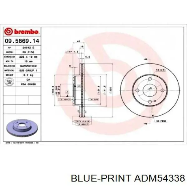 Гальмівні диски передні ADM54338 Blue Print