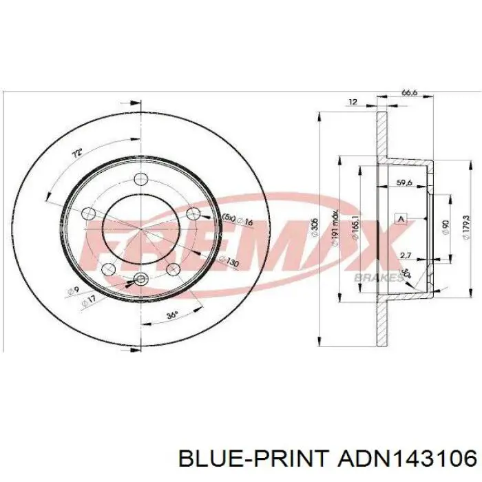 Диск гальмівний задній Blue Print ADN143106