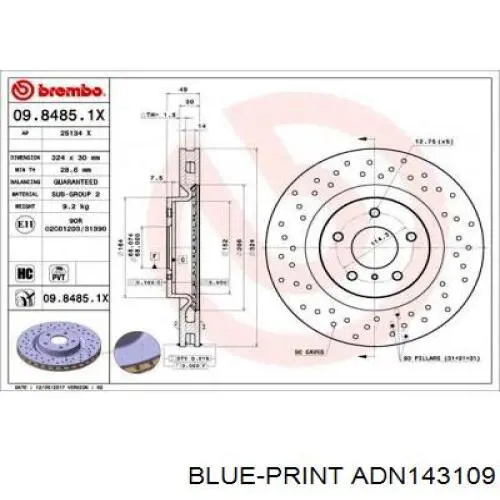 Диск гальмівний передній Blue Print ADN143109