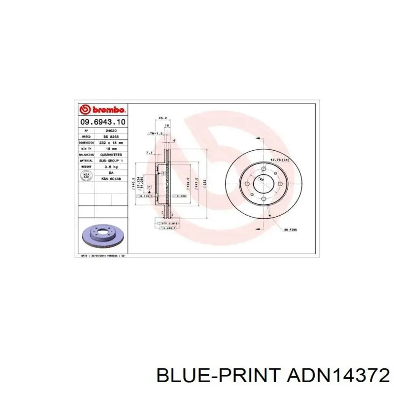 Диск гальмівний передній Blue Print ADN14372