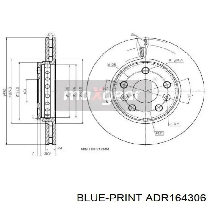 Диск гальмівний передній Blue Print ADR164306