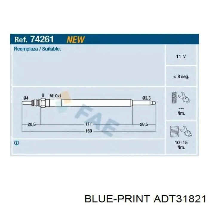 Купити ADT31821 Blue Print Свічка накалу