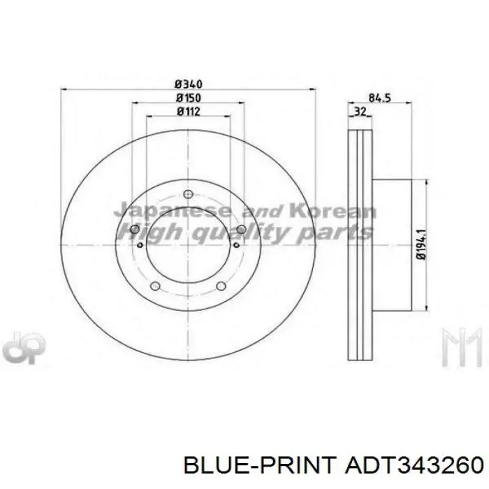 Диск гальмівний передній Blue Print ADT343260