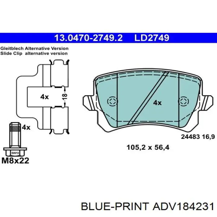 Задні гальмівні колодки ADV184231 Blue Print