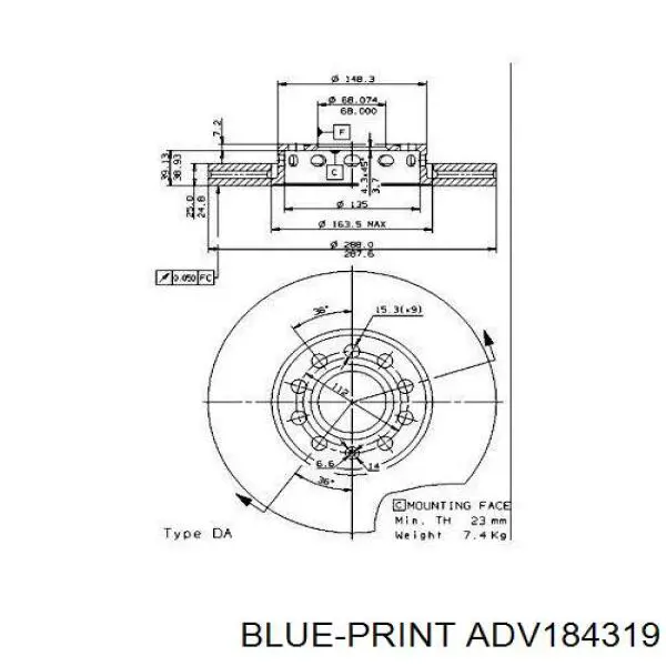 Диск гальмівний передній Blue Print ADV184319
