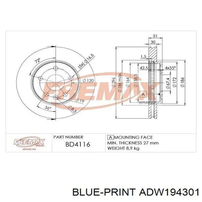 Диск переднього гальма Blue Print ADW194301 ціна, від 56.39 USD