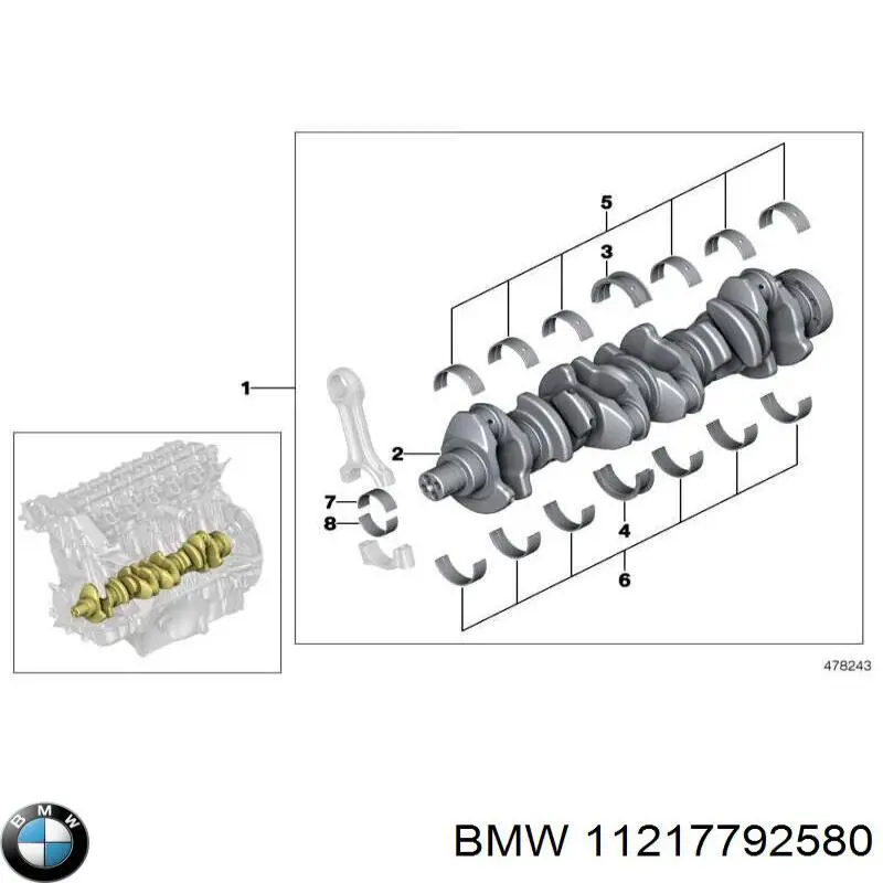 Вкладиші колінвала, корінні, комплект, 1-й ремонт (+0,25) 11217792580 BMW