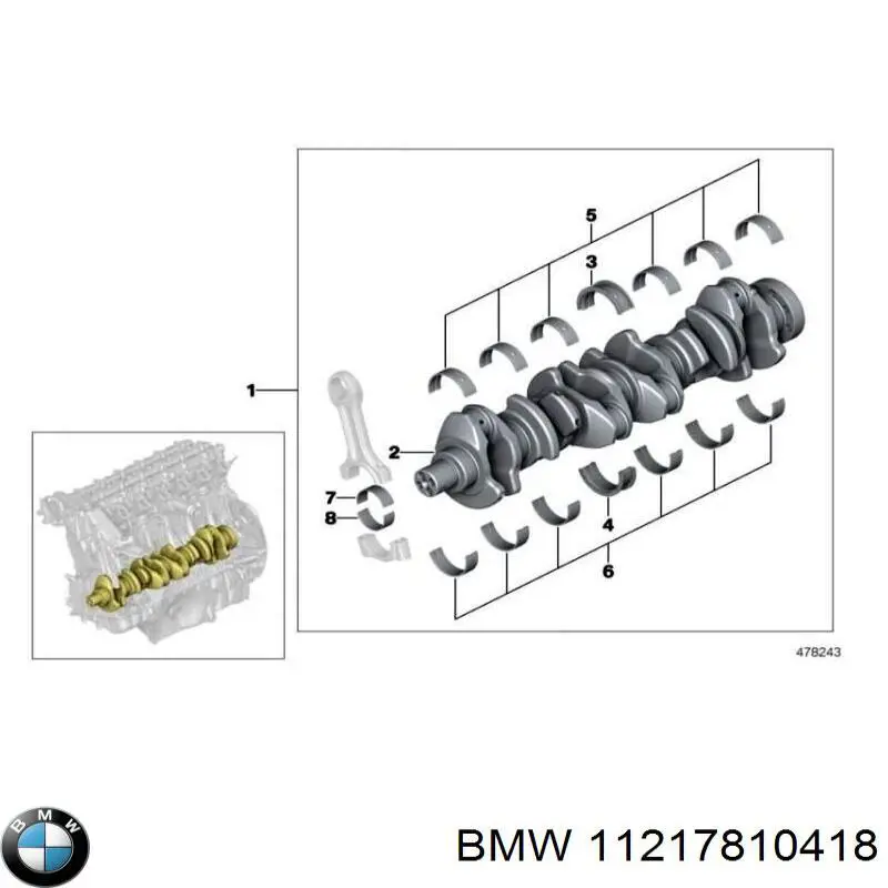 Вкладиші колінвала, корінні, комплект, 1-й ремонт (+0,25) 11217810418 BMW