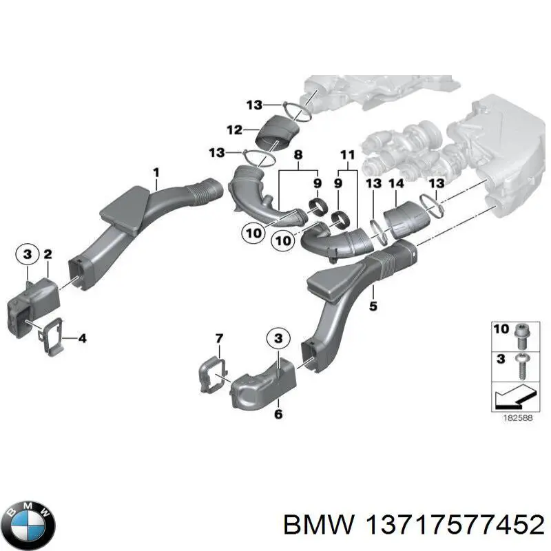 Патрубок повітряний, вхід в турбіну (наддув) BMW 13717577452 ціна, від 44.24 USD