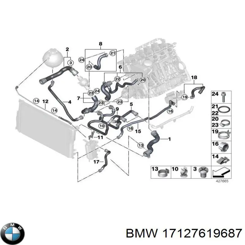 Шланг/патрубок радіатора охолодження, верхній 17127619687 BMW