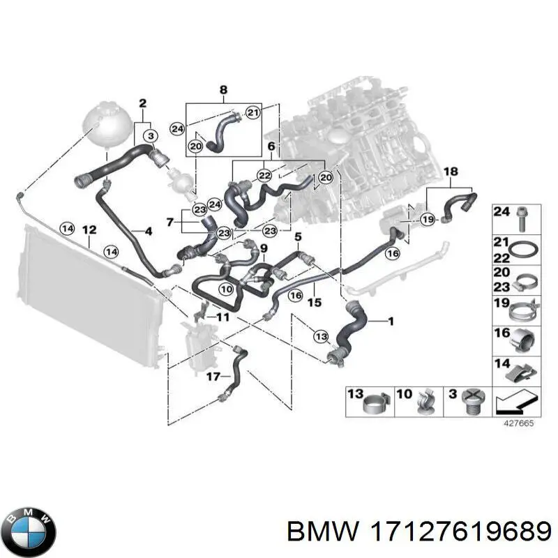 Шланг/патрубок радіатора охолодження, верхній 17127619689 BMW