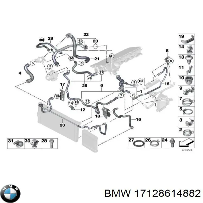 Шланг/патрубок радіатора охолодження, верхній BMW 17128614882 ціна, від 21.64 USD