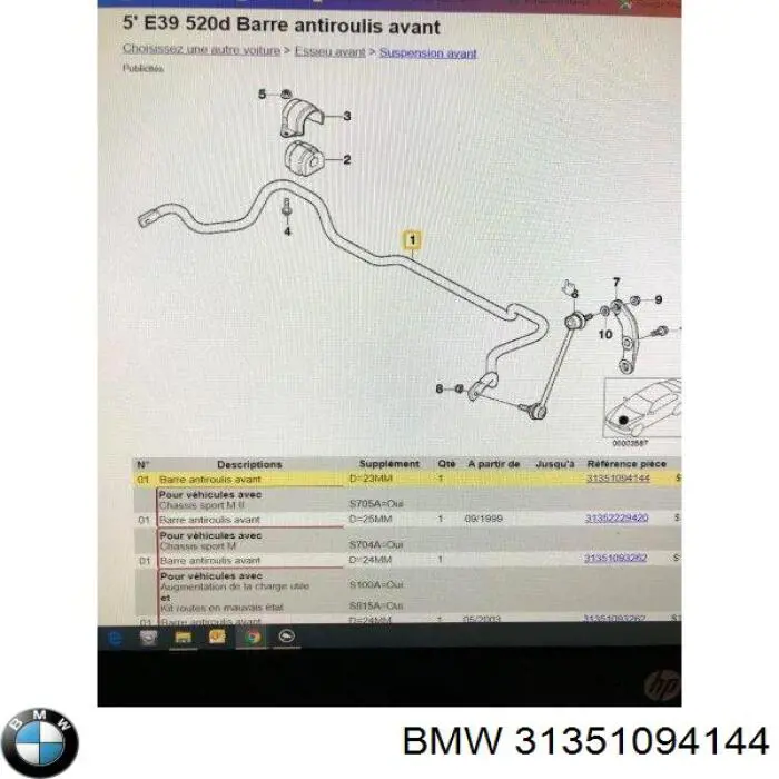 Стабілізатор передній стійкості BMW 5 седан (E39) (1995 - 2003) ціна, від 8.88 USD