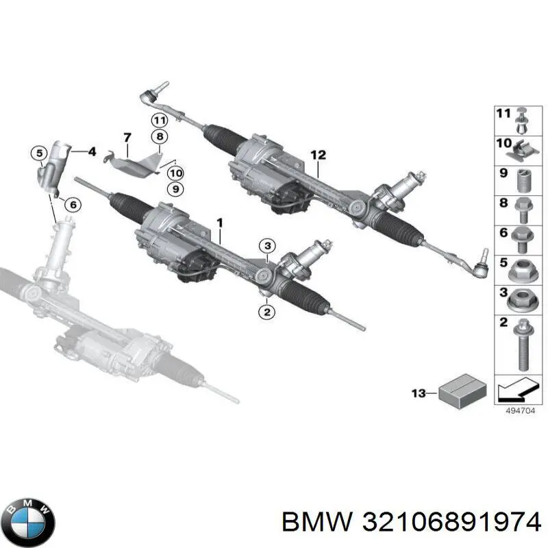 Ремкомплект рульової рейки (механізму) г/у, (комплект ущільнень) BMW 32106891974