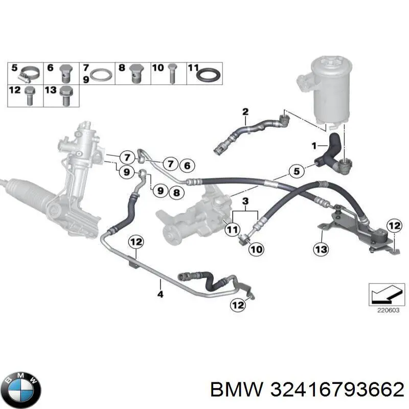 Шланг ГПК, низького тиску, від рейки/механізму до бачка 32416793662 BMW