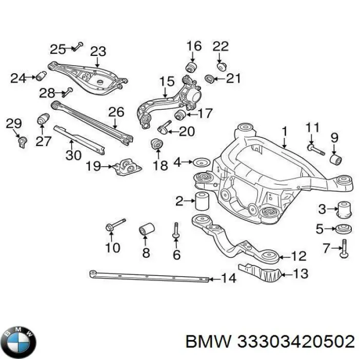 33303420502 BMW Важіль/тяга задньої підвіски подовжній нижній, правий