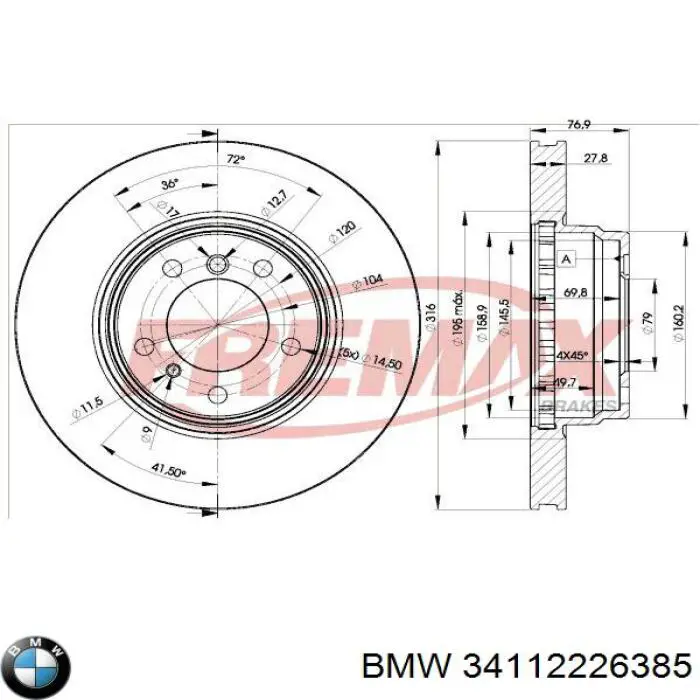 Диск гальмівний передній 34112226385 BMW