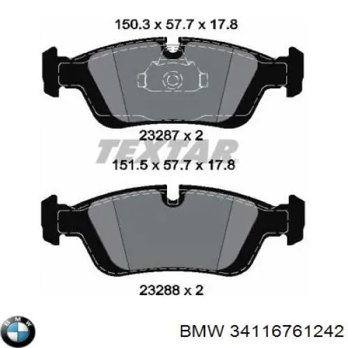 Колодки гальмівні передні, дискові 34116761242 BMW