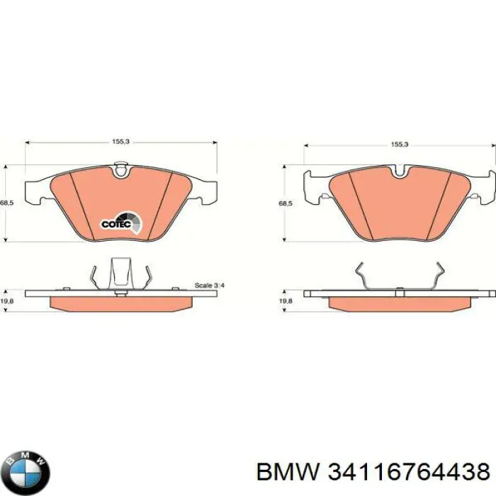 Передні тормозні колодки 34116764438 BMW