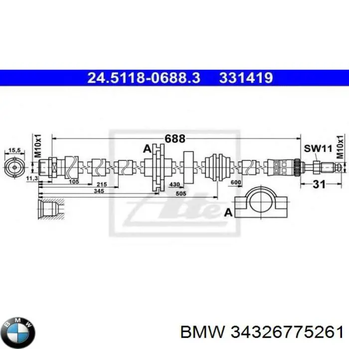 Шланг гальмівний передній BMW 34326775261 ціна, від 7.60 USD