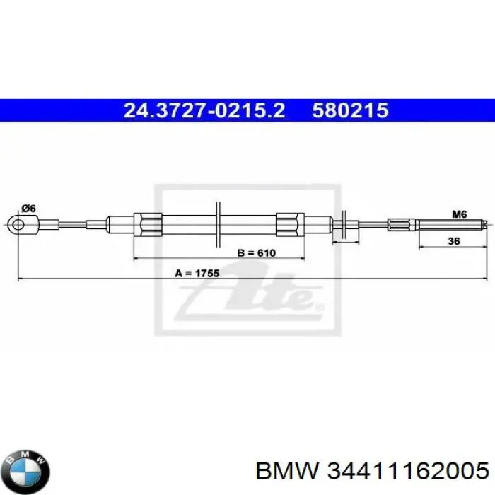 Трос ручного гальма задній, правий/лівий BMW 34411162005 ціна, від 10.14 USD