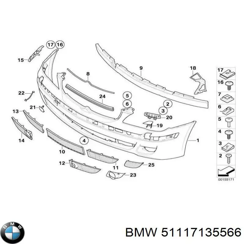 Решітка переднього бампера, права 51117135566 BMW