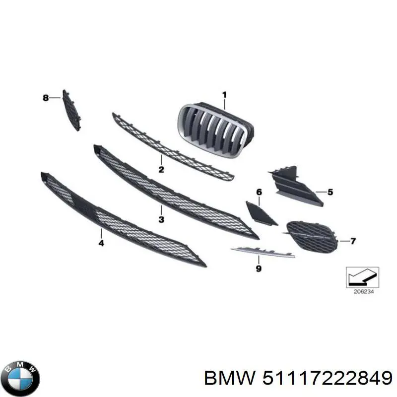 Решітка переднього бампера, ліва BMW 51117222849 ціна, від 6.93 USD