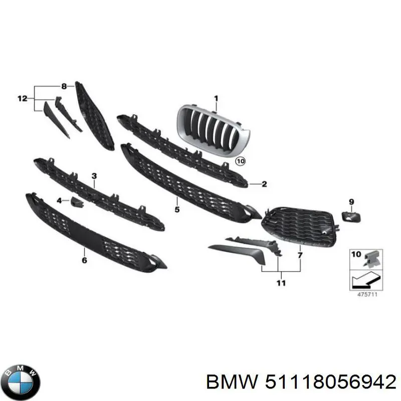 Решітка переднього бампера, права BMW 51118056942 ціна, від 57.58 USD