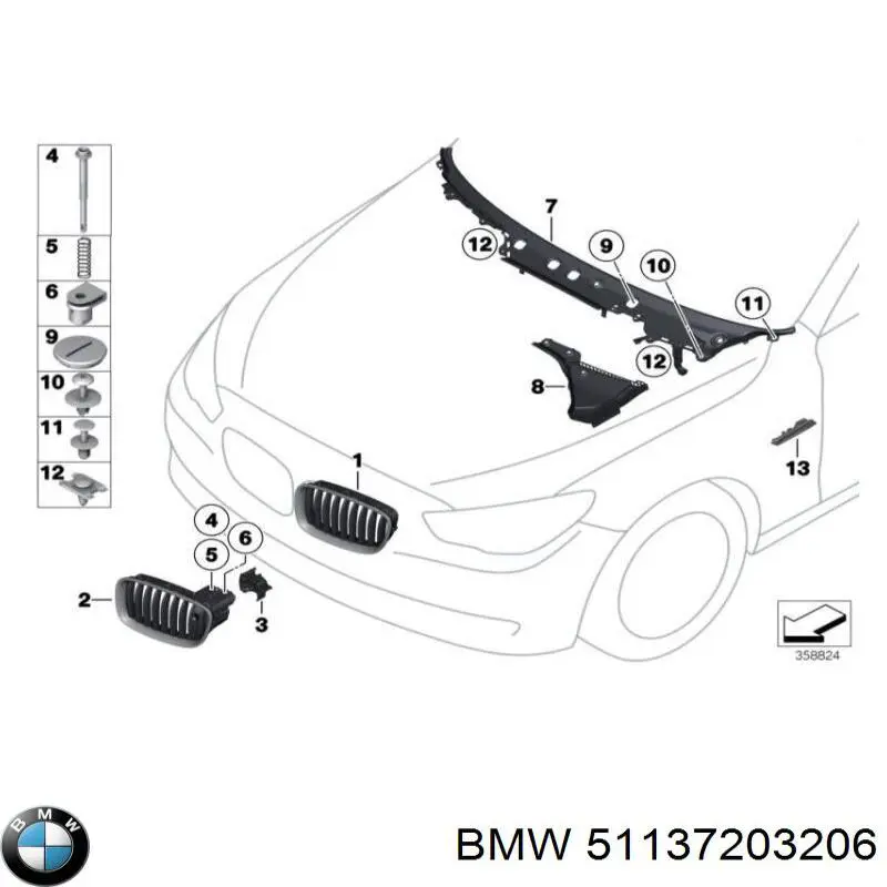 Решітка радіатора права BMW 51137203206 ціна, від 124.34 USD