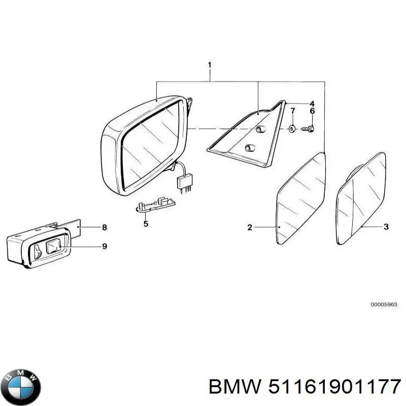 Дзеркальний елемент дзеркала заднього виду, правого 51161901177 BMW