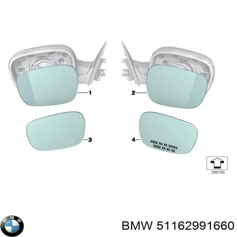 51162991660 BMW дзеркальний елемент дзеркала заднього виду, правого