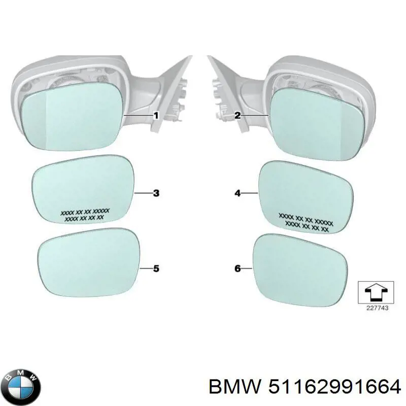 Дзеркальний елемент правого дзеркала заднього виду BMW 51162991664 ціна, від 29.21 USD