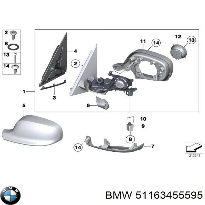 Дзеркальний елемент лівого дзеркала заднього виду BMW 51163455595 ціна, від 39.51 USD