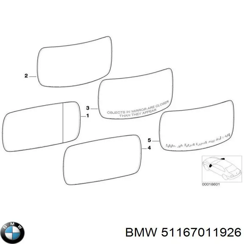 Дзеркальний елемент лівого дзеркала заднього виду BMW 51167011926 ціна, від 11.68 USD