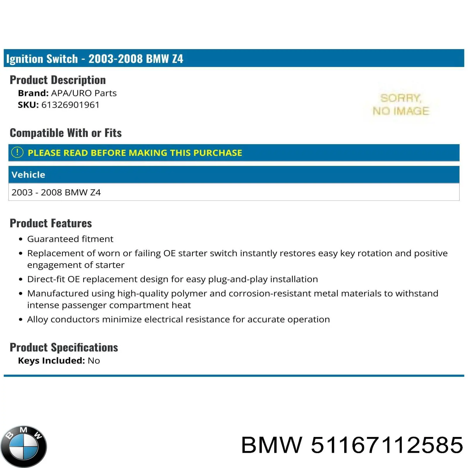 Купити 51167112585 BMW Дзеркальний елемент дзеркала заднього виду, лівого