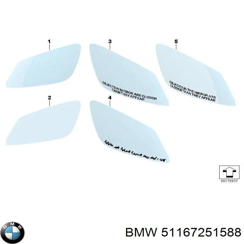 Дзеркальний елемент правого дзеркала заднього виду BMW 51167251588 ціна, від 164.00 USD