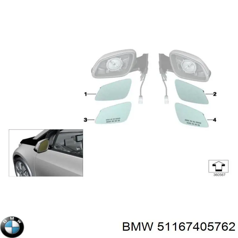 Дзеркальний елемент правого дзеркала заднього виду BMW 51167405762 ціна, від 155.96 USD