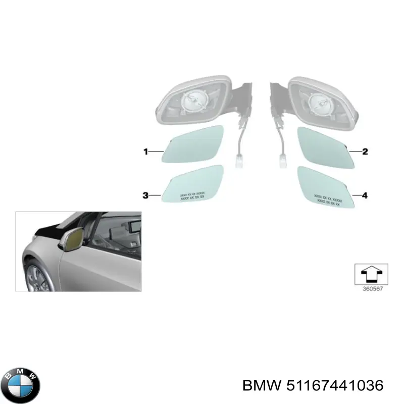 Дзеркальний елемент дзеркала заднього виду, правого 51167441036 BMW