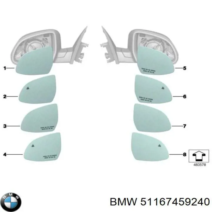 Скло дзеркала заднього виду, правого BMW 51169491780 ціна, від 199.51 USD