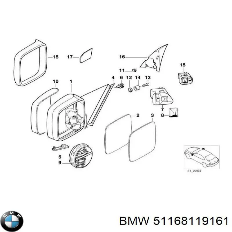 51168119161 BMW дзеркальний елемент дзеркала заднього виду, лівого