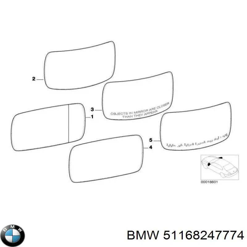 Дзеркальний елемент правого дзеркала заднього виду BMW 51168247774 ціна, від 470.72 USD