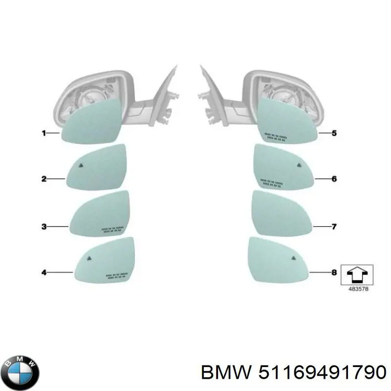 Дзеркальний елемент правого дзеркала заднього виду BMW 51169491790 ціна, від 287.33 USD