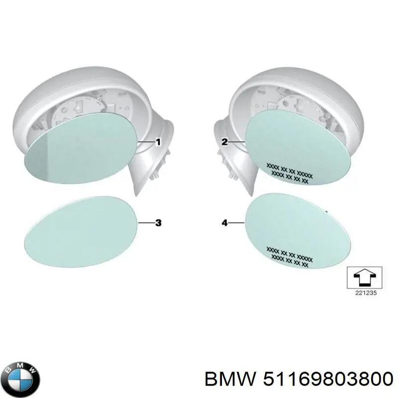 Дзеркальний елемент правого дзеркала заднього виду BMW 51169803800 ціна, від 409.76 USD