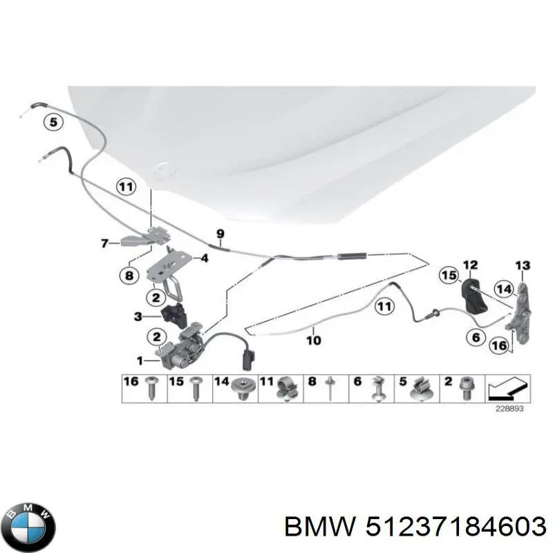 Трос відкриття капота, передній 51237184603 BMW