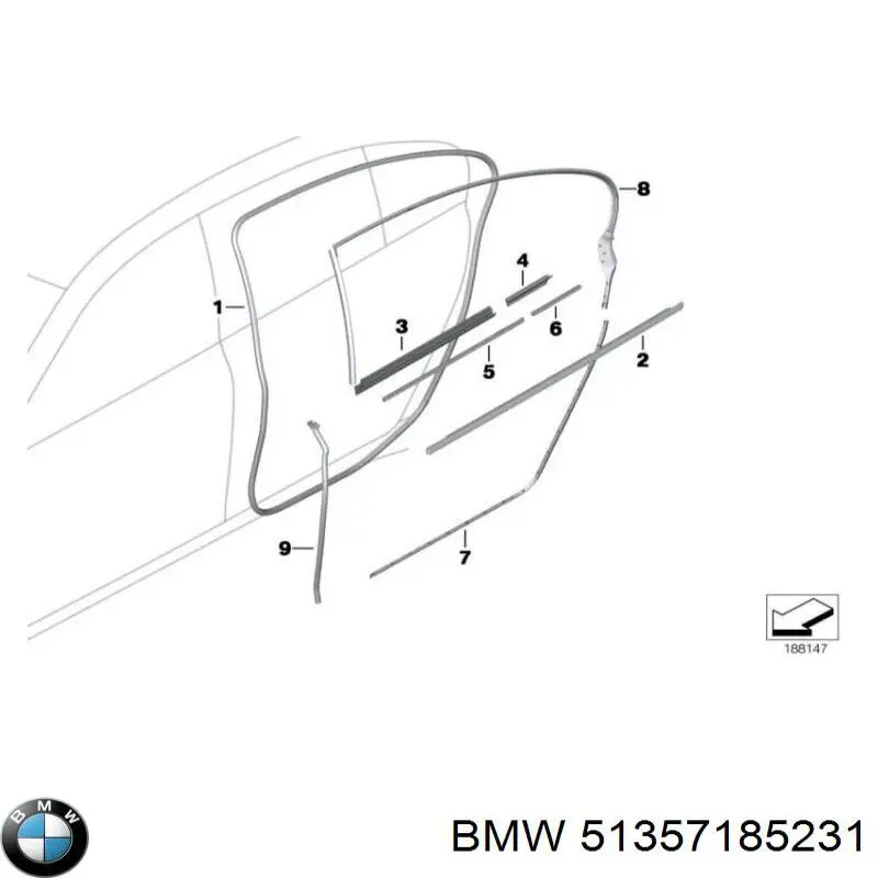 51357185231 BMW Молдинг опускного скла двері задньої, лівої